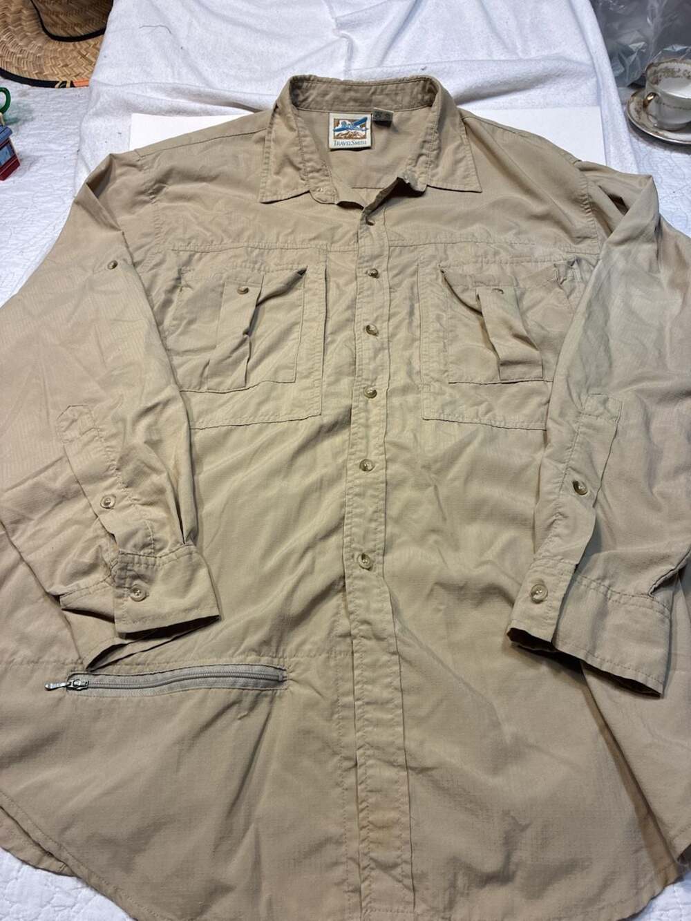 TravelSmith Men's Tan Long Sleeve Nylon Hiking Fishing Utility Shirt Size L
